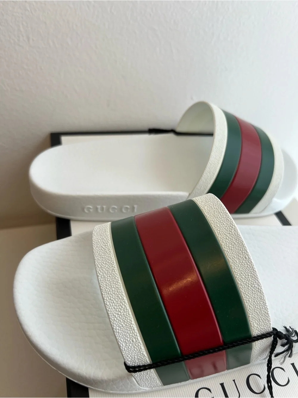 Gucci White Slides with Green & Red Stripes - Luxury Designer Style